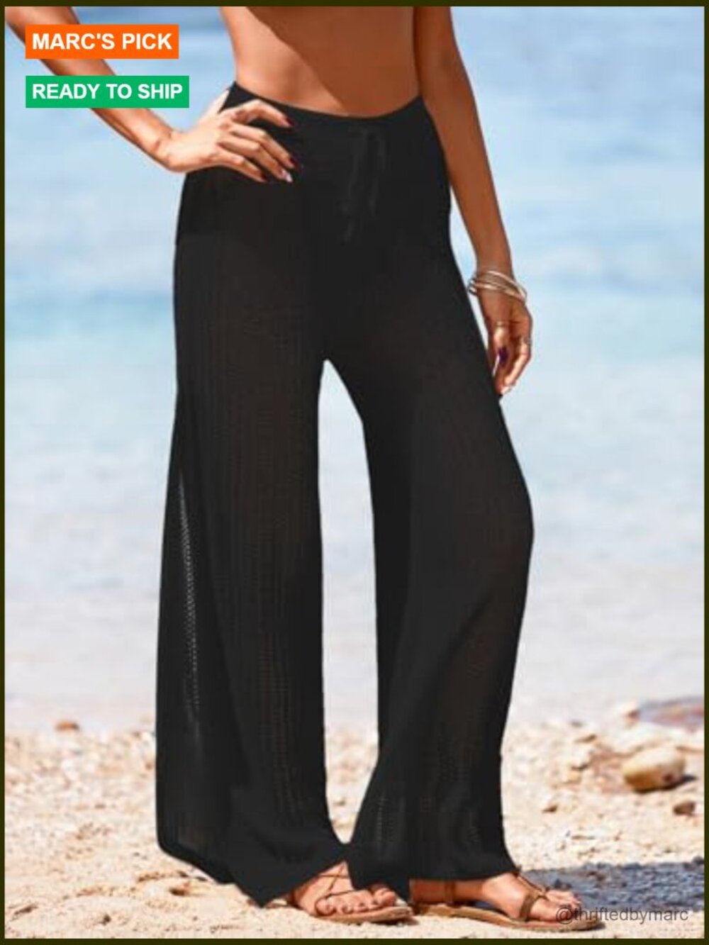 Crochet Knit Elastic Waist Beach Coverup Pants Side Slit Sheer - Picture 2 of 7